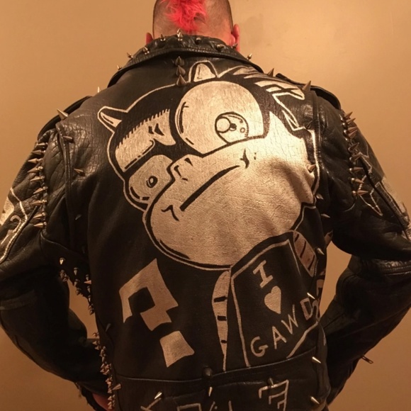 Hand-painted Johnny The Homicidal Maniac (JTHM) Black Leather Biker Jacket - Picture 8 of 8